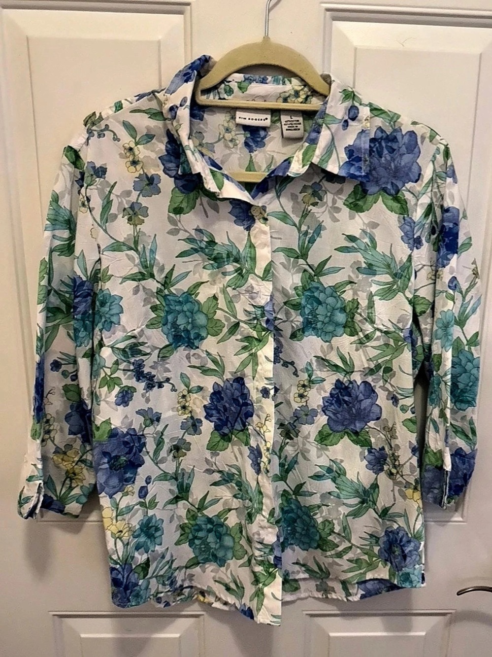 Kim Rogers Floral Button Down in White & Blue Size Large